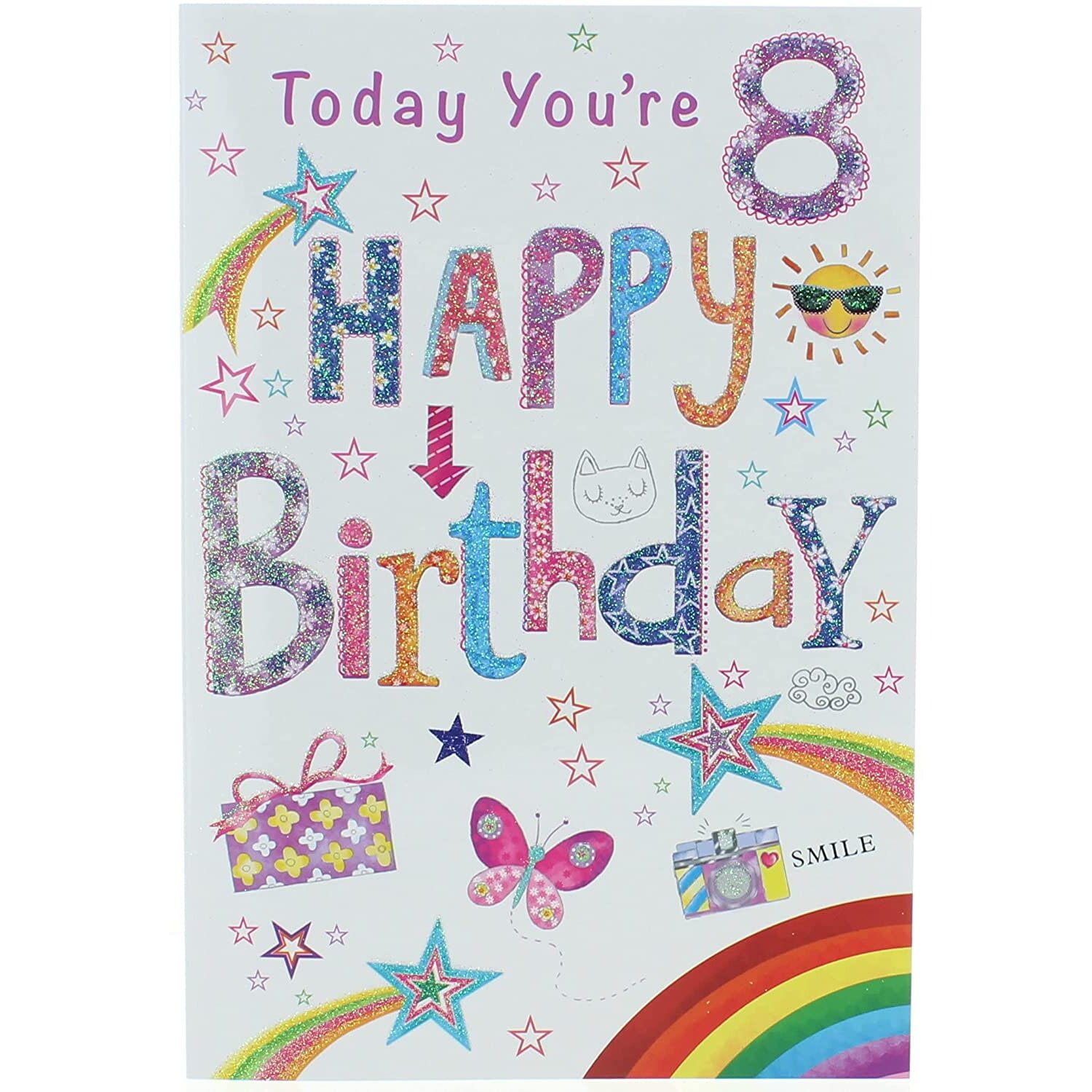 Age 8 Girl Birthday Card - 8th Birthday Big Number Sunshine & Glitter 7.5x5.75"